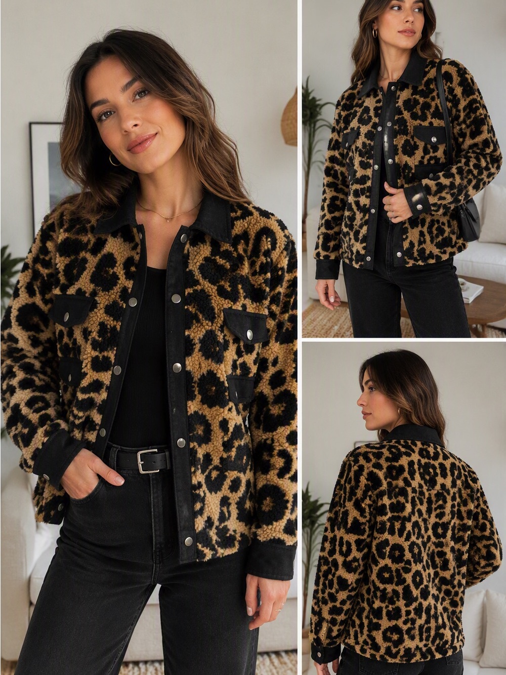 Leopard-Print Teddy Jacket in Black & Brown - Stylish Layering Coat